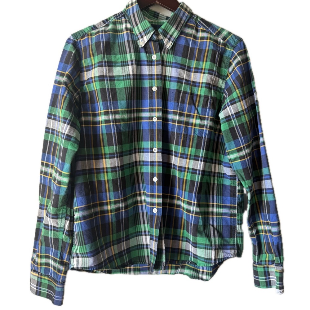 Rockies Jeanswear Womens Size XL Button Down Blue Green Yellow Plaid Top EUC